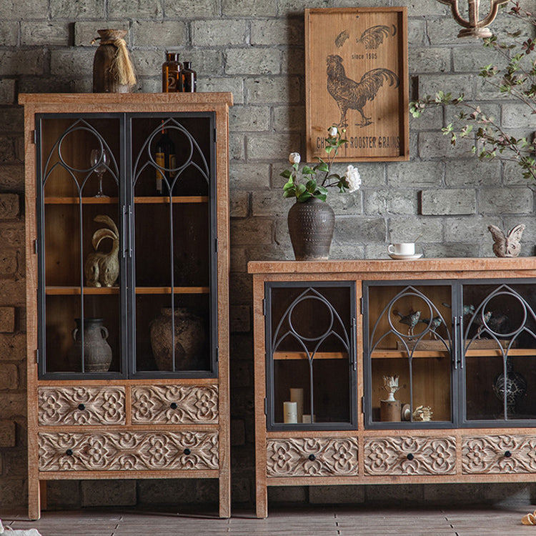Distressed Brown Drawers Included Cabinet Glass Paned Wood & Iron Accent Cabinet