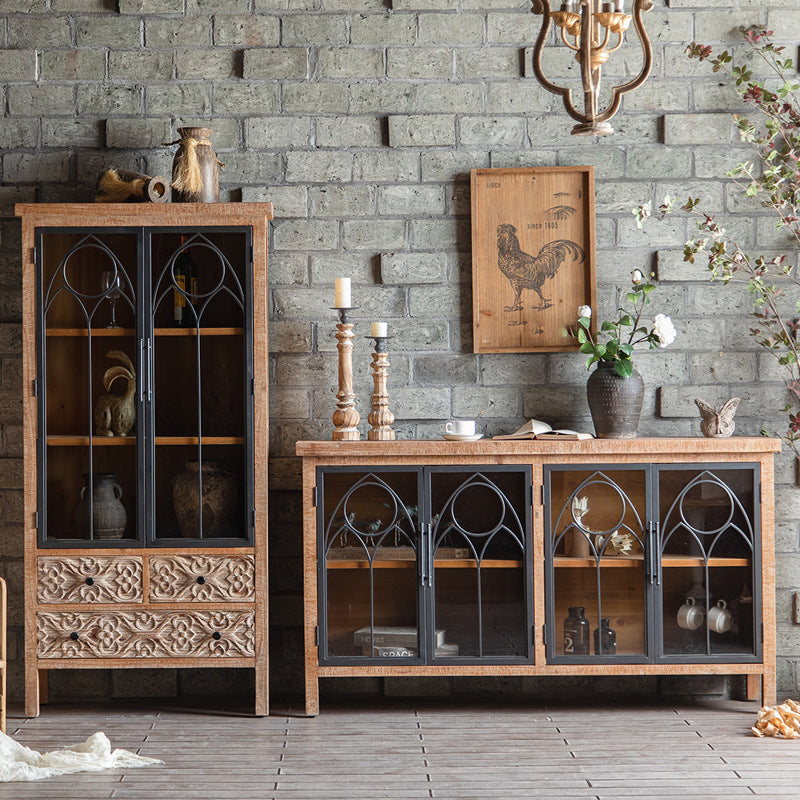 Distressed Brown Drawers Included Cabinet Glass Paned Wood & Iron Accent Cabinet