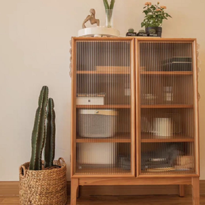 Modern 2 Door Dining Server 43.5"H Pine Solid Wood Sideboard with Glass Door Cherry Wood Vertical Glass Clearhalo 'buffet_sideboard' 'Buffets & Sideboards' 'furn' 'furn_buffet_sideboard' 'Furniture' 'Kitchen & Dining Furniture' 6295470