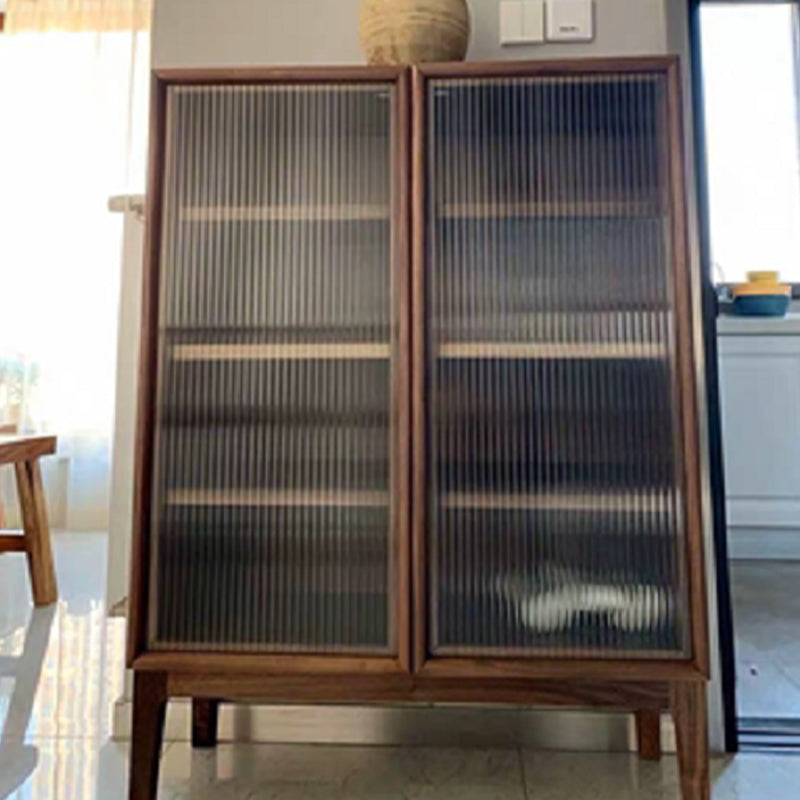 Modern 2 Door Dining Server 43.5"H Pine Solid Wood Sideboard with Glass Door Walnut Vertical Glass Clearhalo 'buffet_sideboard' 'Buffets & Sideboards' 'furn' 'furn_buffet_sideboard' 'Furniture' 'Kitchen & Dining Furniture' 6295471