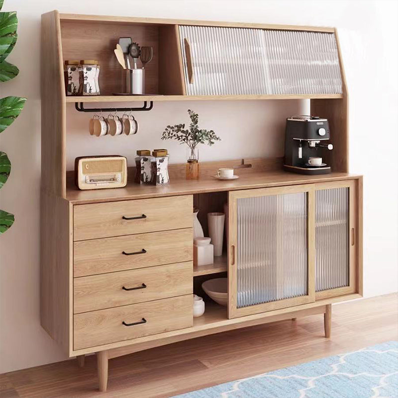 Moderno tavolo a buffet in legno in legno in pino a 4 cassetti con porta di vetro