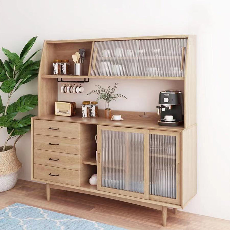 Moderno tavolo a buffet in legno in legno in pino a 4 cassetti con porta di vetro