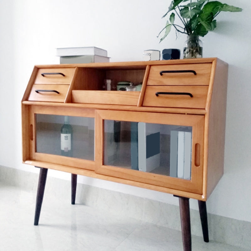 Server da pranzo per porte scorrevoli Credenza in legno massiccio di pino con porta di vetro