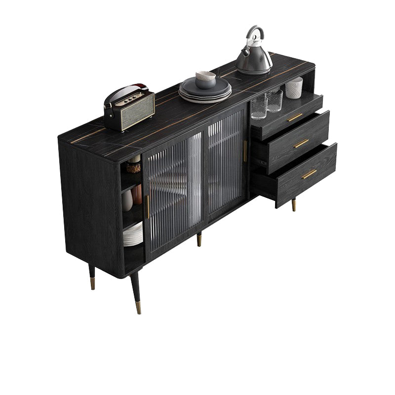 Black Glam Buffet Sideboard Doors Cabinets Drawers Dining Buffet 61"L x 16"W x 35"H Black Clearhalo 'buffet_sideboard' 'Buffets & Sideboards' 'furn' 'furn_buffet_sideboard' 'Furniture' 'Kitchen & Dining Furniture' 6295650