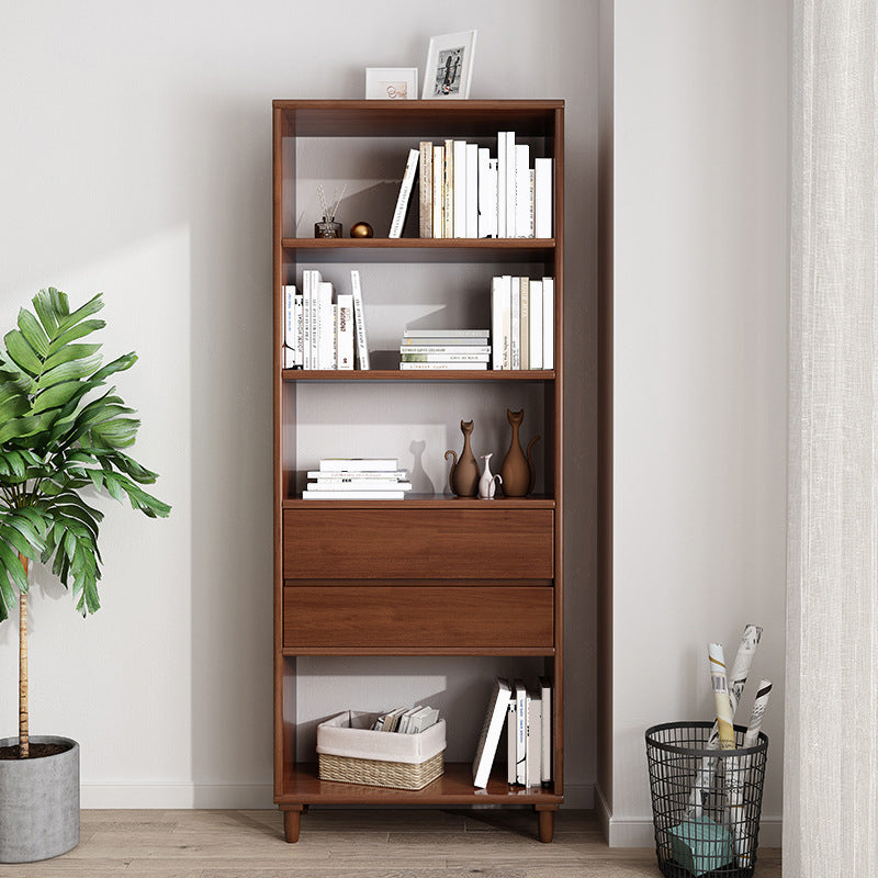 Modern Open Back Bookcase Wooden Bookshelf with 2 Drawers for Bedroom