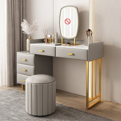 Luxurious Stone Top Vanity and Stool 5 Drawers Dressing Table Makeup Vanity & Stools Grey Clearhalo 'Bedroom Furniture' 'furn' 'furn_makeup_vanities' 'Furniture' 'Makeup Vanities' 'makeup_vanities' 6302064