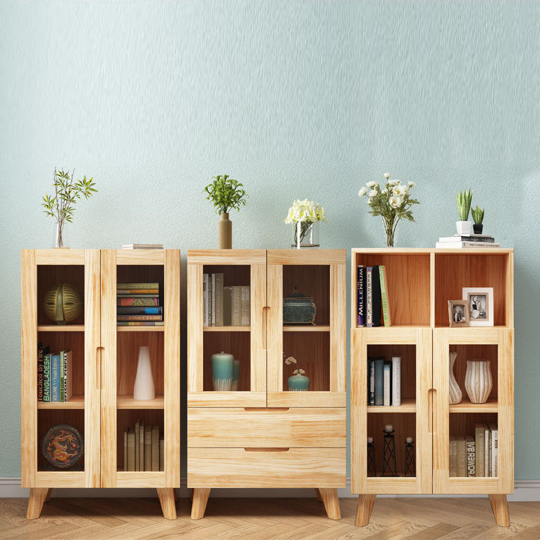 Pine Wood Glass Paned Accent Cabinet 47.6" Tall Natural Storage Chest Clearhalo 'Cabinets & Chests' 'cabinets_chests' 'furn' 'furn_cabinets_chests' 'Furniture' 'Living Room Furniture' 6302289