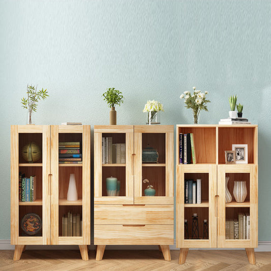 Pine Wood Glass Paned Accent Cabinet 47.6" Tall Natural Storage Chest Clearhalo 'Cabinets & Chests' 'cabinets_chests' 'furn' 'furn_cabinets_chests' 'Furniture' 'Living Room Furniture' 6302289