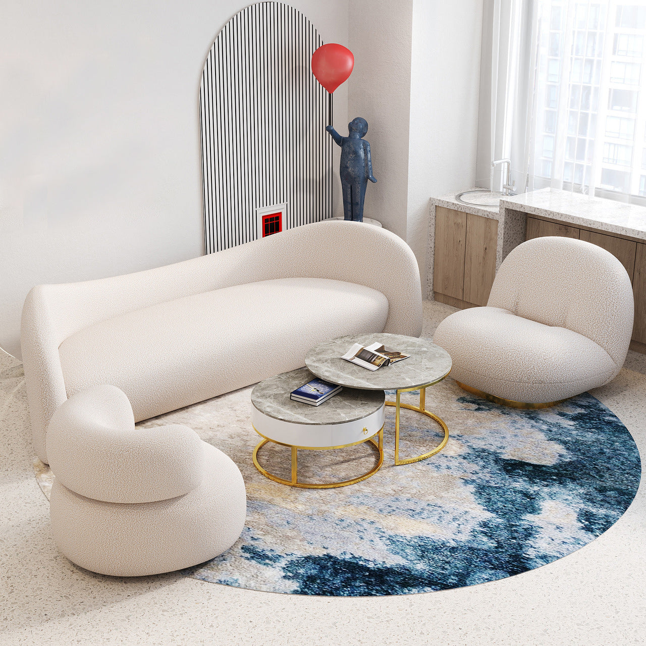 Sofá de lana blanca contemporánea con brazo empotrado para apartamento