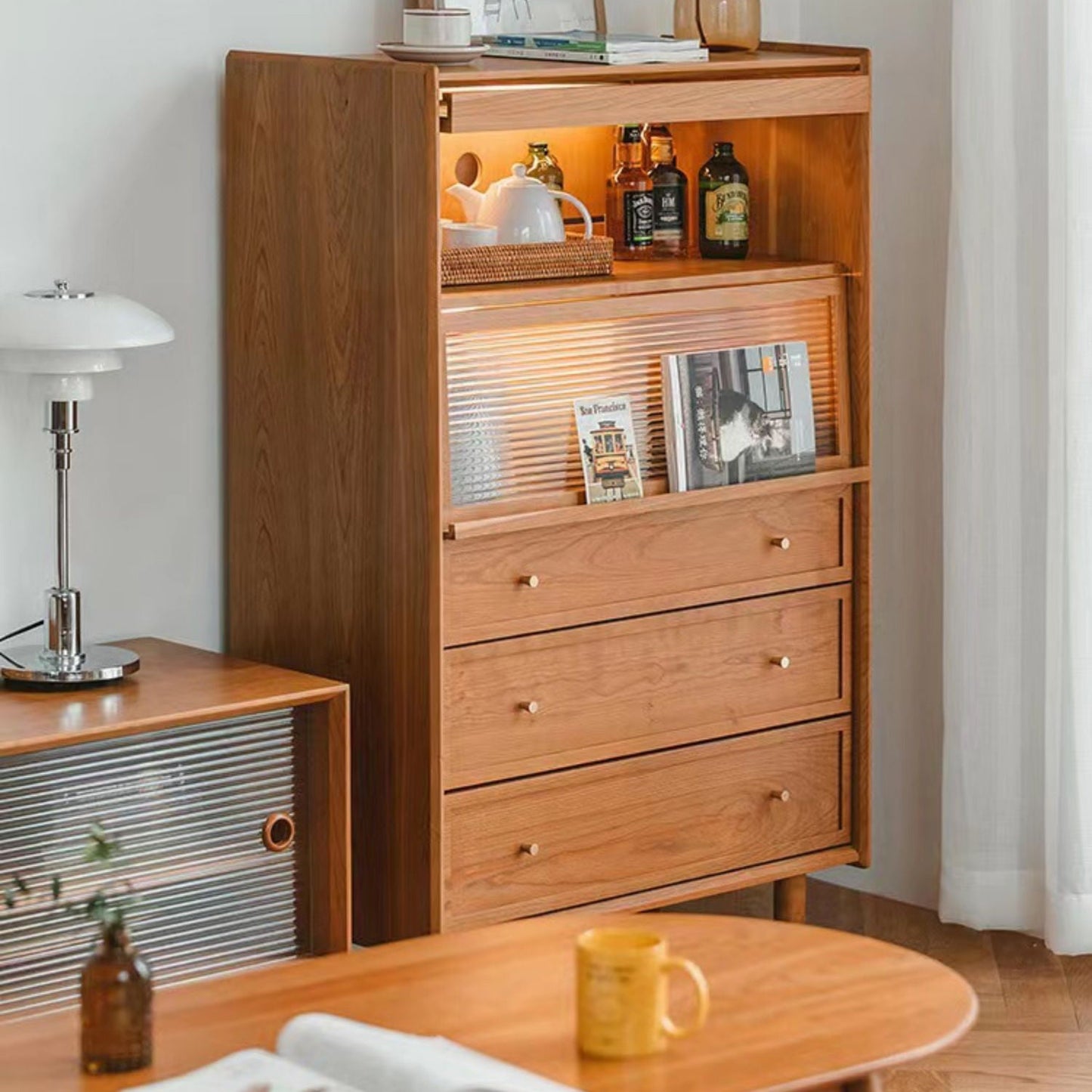 3 - Drawer & 2- Door Chest Solid Wood Glass Paned Accent Cabinet - 49.6" Tall