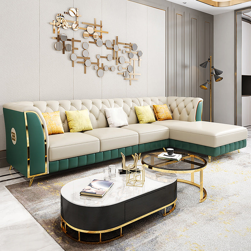 Guida pelle lussuosa divano posteriore trapuntato sezionale e chaise con 5 cuscini