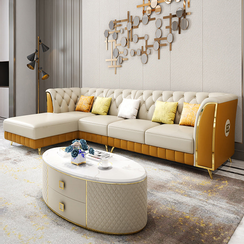 Guida pelle lussuosa divano posteriore trapuntato sezionale e chaise con 5 cuscini