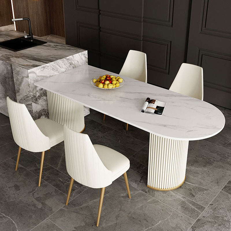 Modern Sintered Stone Dining Table Double Pedestal Table for Dining Room Beige 55.1"L x 31.5"W x 29.5"H Without Chairs Clearhalo 'Dining Tables & Seating' 'Dining Tables' 'dining_table' 'furn' 'furn_dining_table' 'Furniture' 'Kitchen & Dining Furniture' 6303851