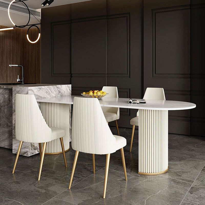 Modern Sintered Stone Dining Table Double Pedestal Table for Dining Room Beige 63"L x 31.5"W x 29.5"H Without Chairs Clearhalo 'Dining Tables & Seating' 'Dining Tables' 'dining_table' 'furn' 'furn_dining_table' 'Furniture' 'Kitchen & Dining Furniture' 6303853