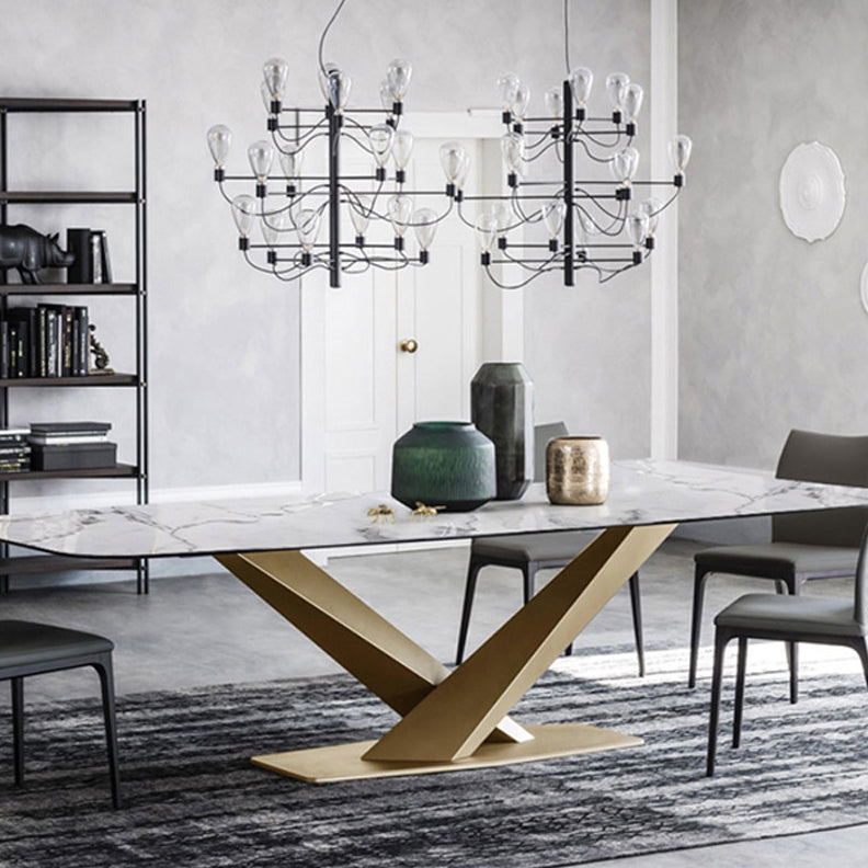 Mesa de comedor industrial de piedra sinterizada, mesa rectangular con patas de metal para cocina