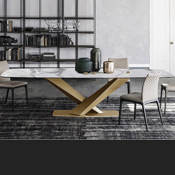 Mesa de comedor industrial de piedra sinterizada, mesa rectangular con patas de metal para cocina
