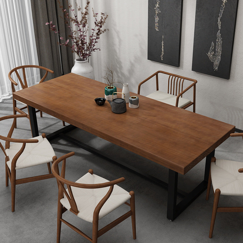 Mesa de comedor rectangular con base negra, mesa de madera industrial para cocina