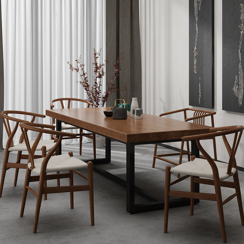 Mesa de comedor rectangular con base negra, mesa de madera industrial para cocina