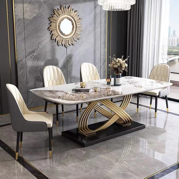 Mesa de comedor estilo Glam, mesa rectangular de piedra sinterizada con patas de metal para el hogar