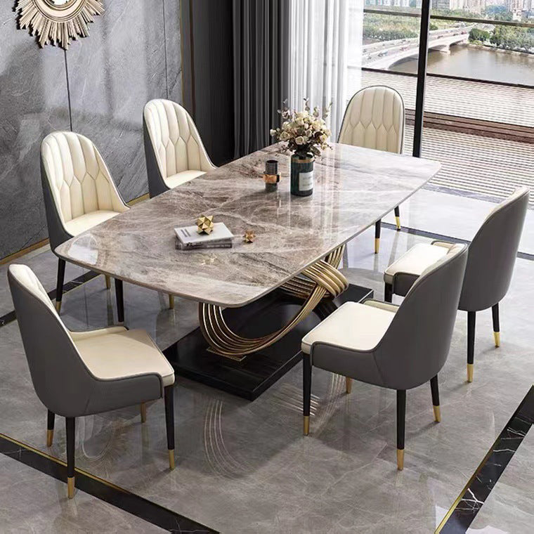 Mesa de comedor estilo Glam, mesa rectangular de piedra sinterizada con patas de metal para el hogar