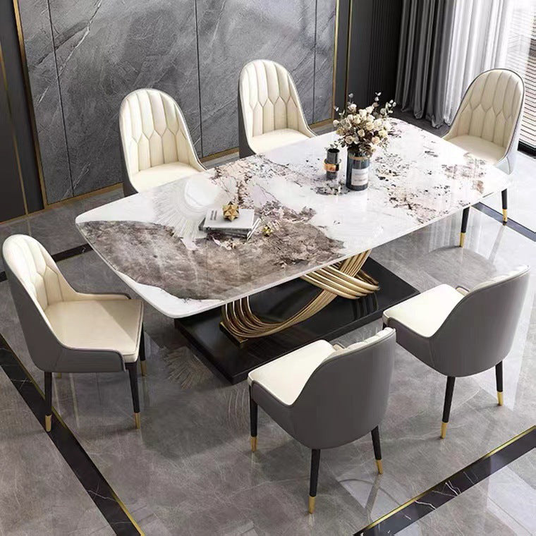 Mesa de comedor estilo Glam, mesa rectangular de piedra sinterizada con patas de metal para el hogar