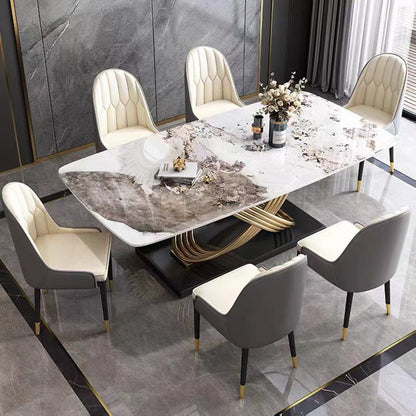 Mesa de comedor estilo Glam, mesa rectangular de piedra sinterizada con patas de metal para el hogar