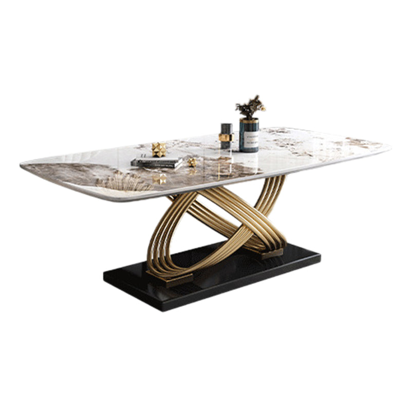 Mesa de comedor estilo Glam, mesa rectangular de piedra sinterizada con patas de metal para el hogar