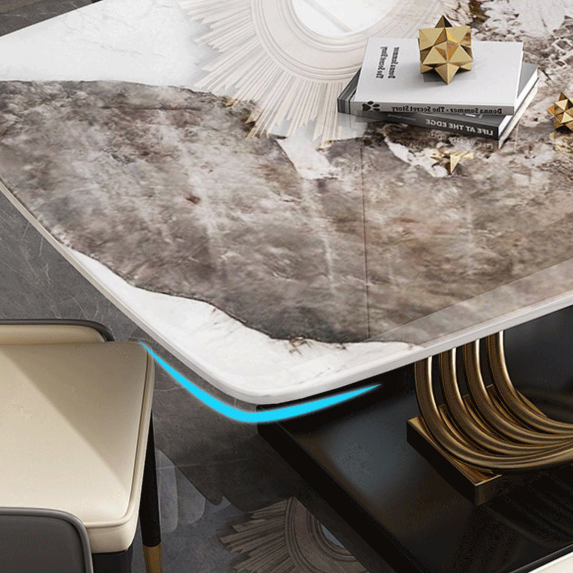 Mesa de comedor estilo Glam, mesa rectangular de piedra sinterizada con patas de metal para el hogar