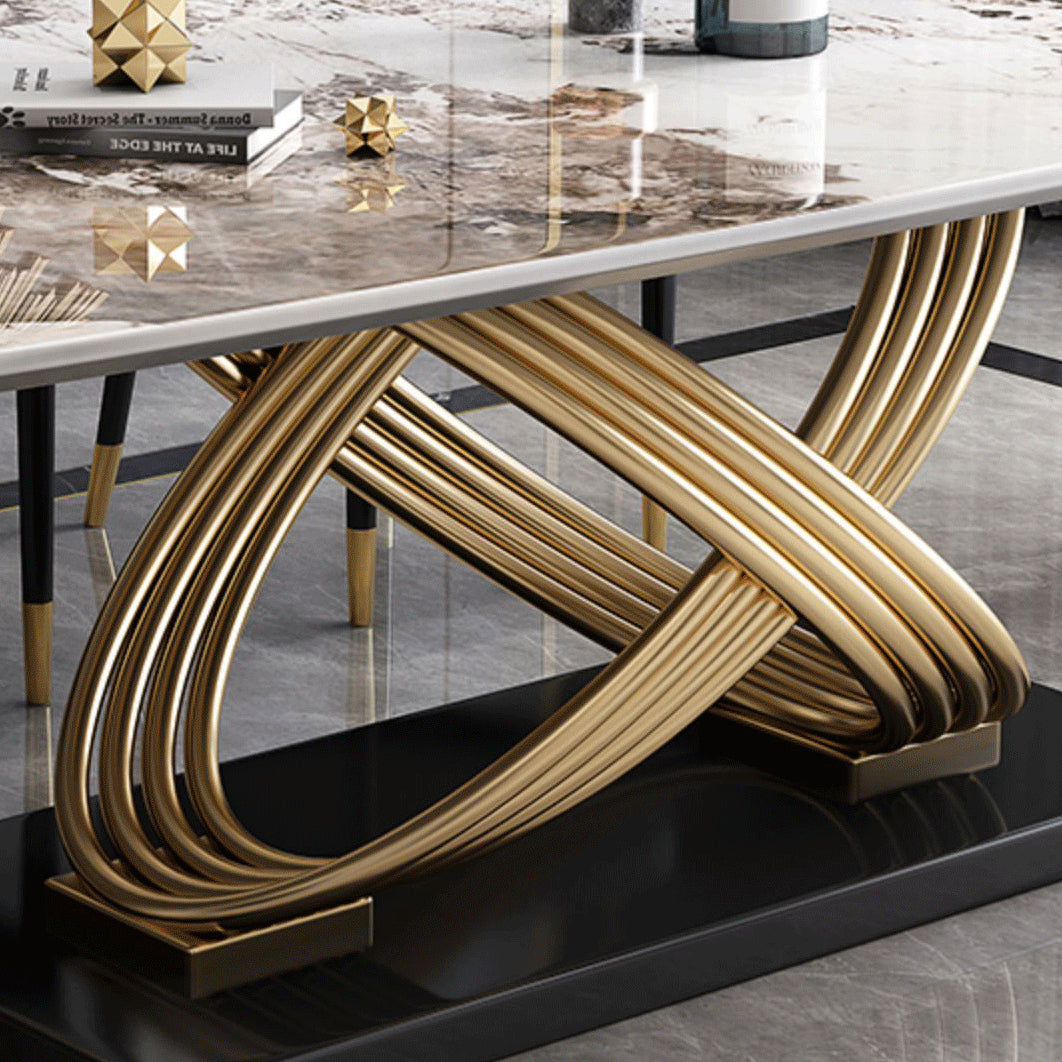Mesa de comedor estilo Glam, mesa rectangular de piedra sinterizada con patas de metal para el hogar