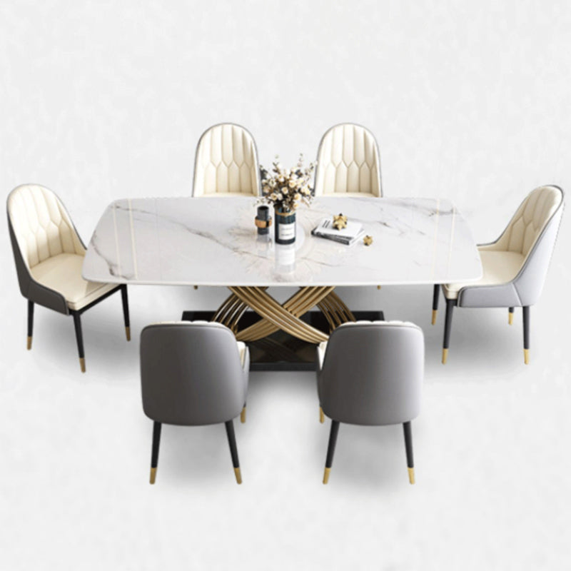 Mesa de comedor estilo Glam, mesa rectangular de piedra sinterizada con patas de metal para el hogar