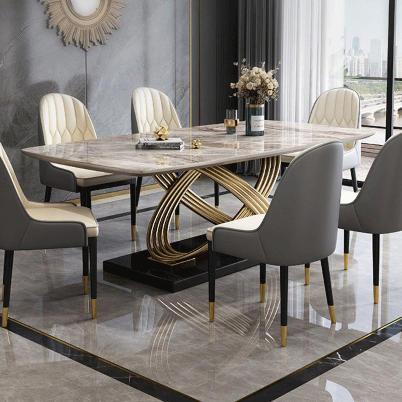 Mesa de comedor estilo Glam, mesa rectangular de piedra sinterizada con patas de metal para el hogar