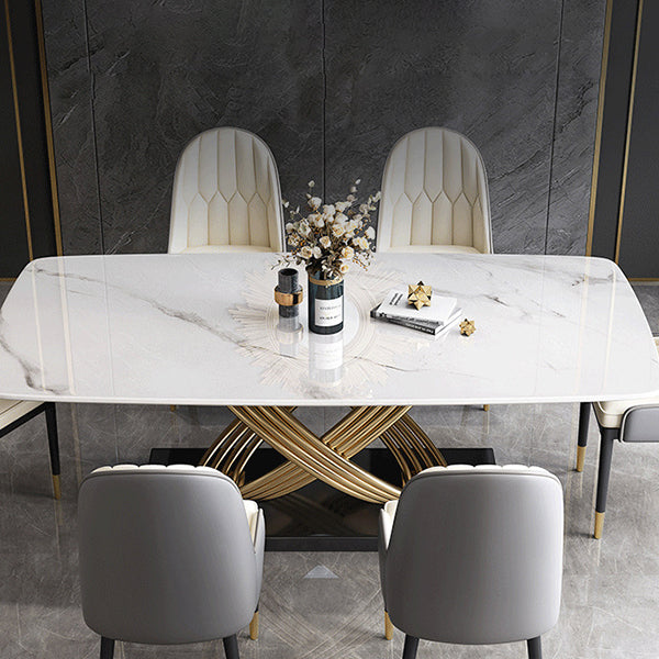 Mesa de comedor estilo Glam, mesa rectangular de piedra sinterizada con patas de metal para el hogar