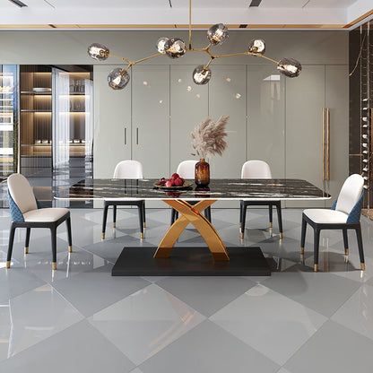 Glam Style Sintered Stone Table Rectangle Table with Metal Legs for Kitchen 55.1"L x 31.5"W x 29.5"H Without Chairs Clearhalo 'Dining Tables & Seating' 'Dining Tables' 'dining_table' 'furn' 'furn_dining_table' 'Furniture' 'Kitchen & Dining Furniture' 6304560