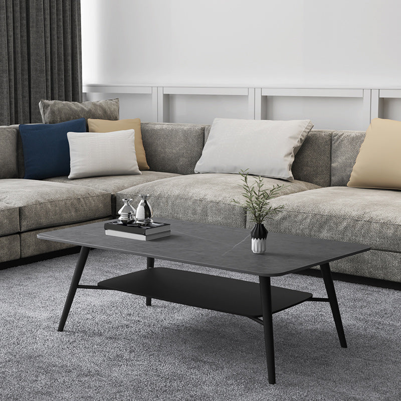 Cross Legs Rectangular Slate Coffee Cocktail Table in Gray with Shelf Clearhalo 'Coffee & Accent Tables' 'Coffee Tables' 'coffee_tables' 'furn' 'furn_coffee_tables' 'Furniture' 'Living Room Furniture' 6314983