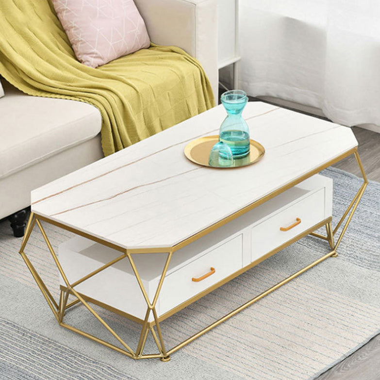 Slate Rectangular Coffee Table Golden Frame Abstract Cocktail Table with Drawer White-Gold Clearhalo 'Coffee & Accent Tables' 'Coffee Tables' 'coffee_tables' 'furn' 'furn_coffee_tables' 'Furniture' 'Living Room Furniture' 6315008