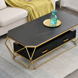 Slate Rectangular Coffee Table Golden Frame Abstract Cocktail Table with Drawer