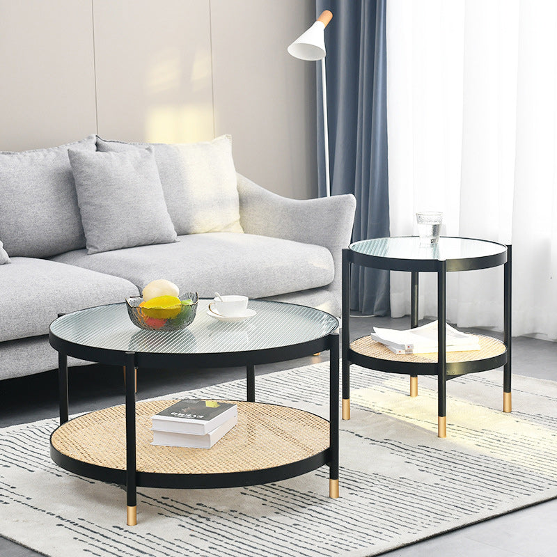 Table basse moderne en verre transparent avec rangement, ensemble de Table à cocktail ronde à 4 pieds