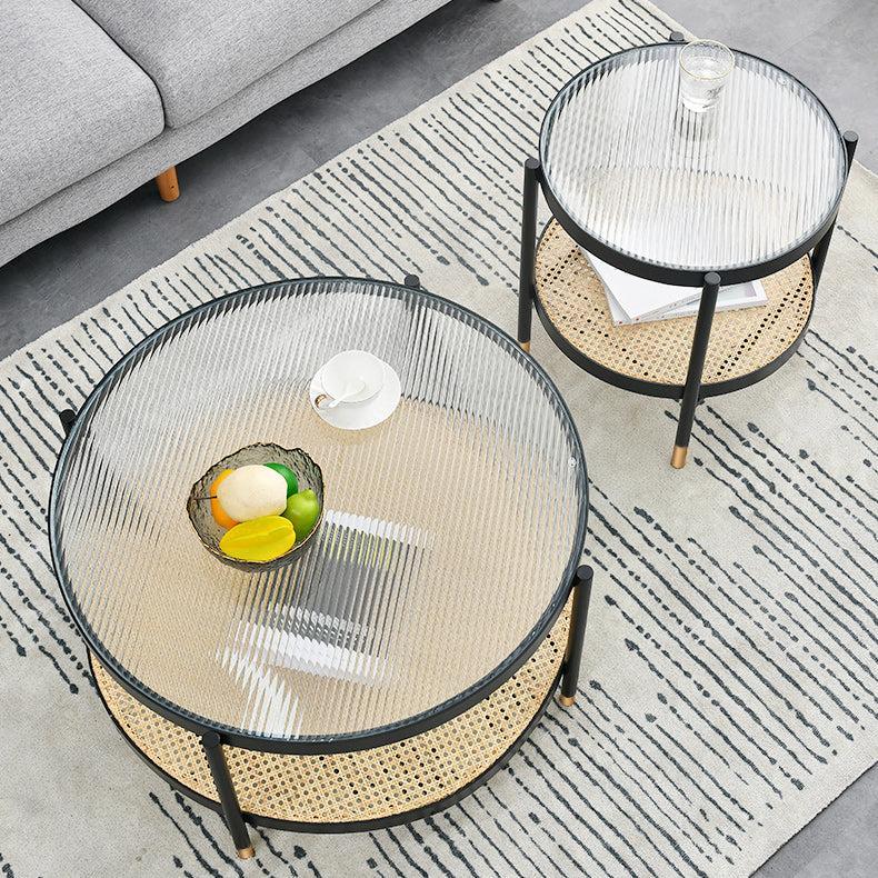 Table basse moderne en verre transparent avec rangement, ensemble de Table à cocktail ronde à 4 pieds