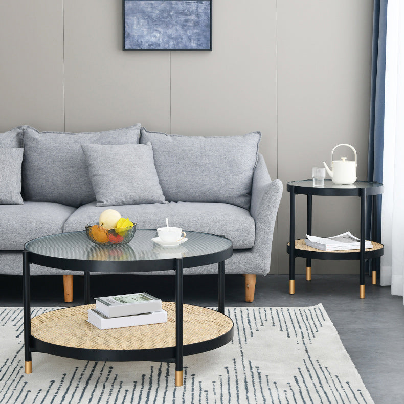 Table basse moderne en verre transparent avec rangement, ensemble de Table à cocktail ronde à 4 pieds