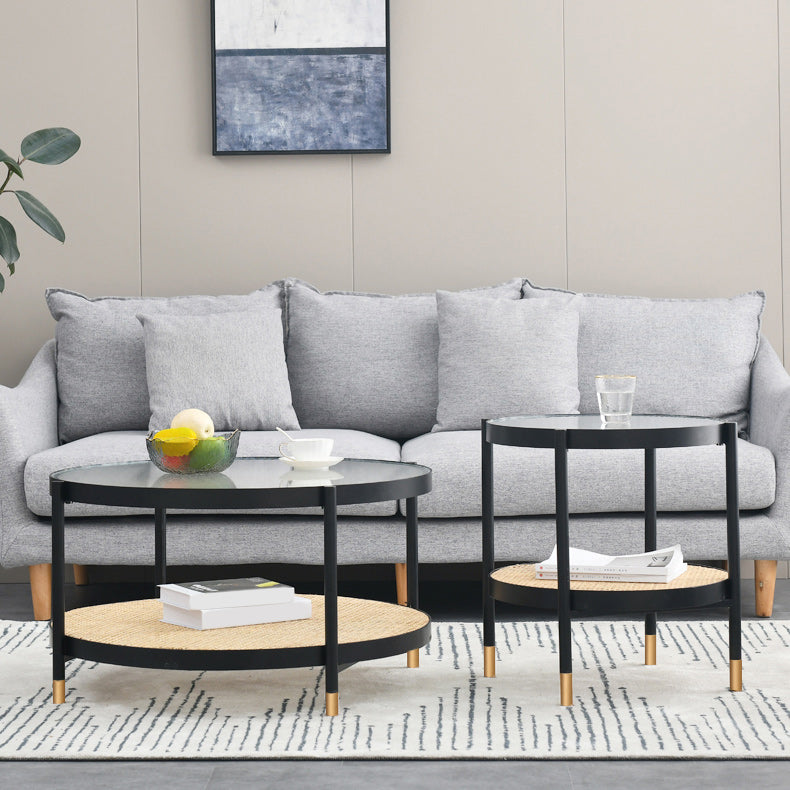 Table basse moderne en verre transparent avec rangement, ensemble de Table à cocktail ronde à 4 pieds
