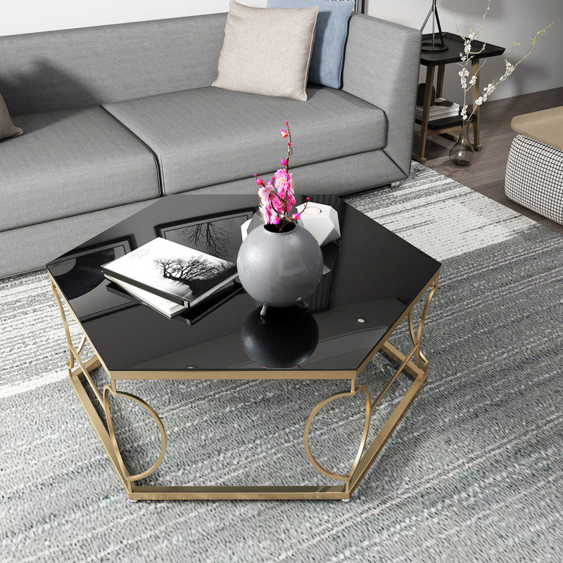 Glass & Marble Hexagon Coffee Table Modern Style Frame Cocktail Table