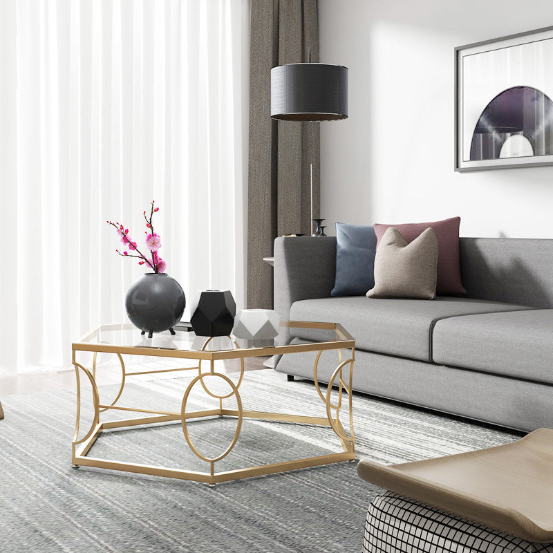 Glass & Marble Hexagon Coffee Table Modern Style Frame Cocktail Table