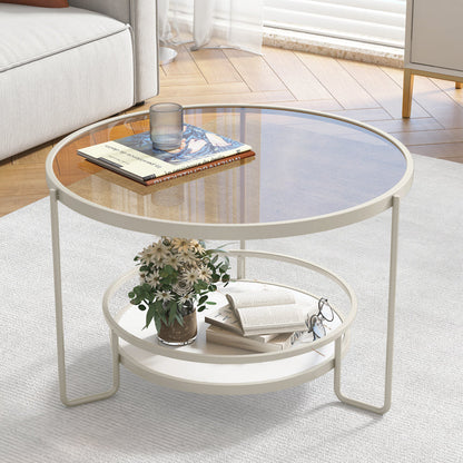 17.7" H Round Glass Coffee Table Iron 3 Legs Cocktail Table with Slate Shelf Brown Clearhalo 'Coffee & Accent Tables' 'Coffee Tables' 'coffee_tables' 'furn' 'furn_coffee_tables' 'Furniture' 'Living Room Furniture' 6315092