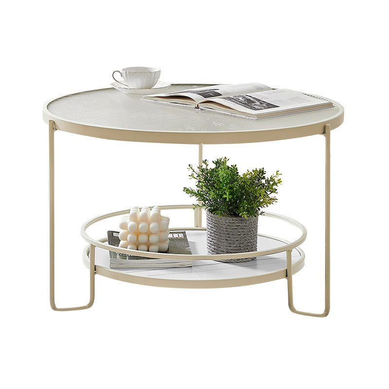 17.7" H Round Glass Coffee Table Iron 3 Legs Cocktail Table with Slate Shelf Clearhalo 'Coffee & Accent Tables' 'Coffee Tables' 'coffee_tables' 'furn' 'furn_coffee_tables' 'Furniture' 'Living Room Furniture' 6315095