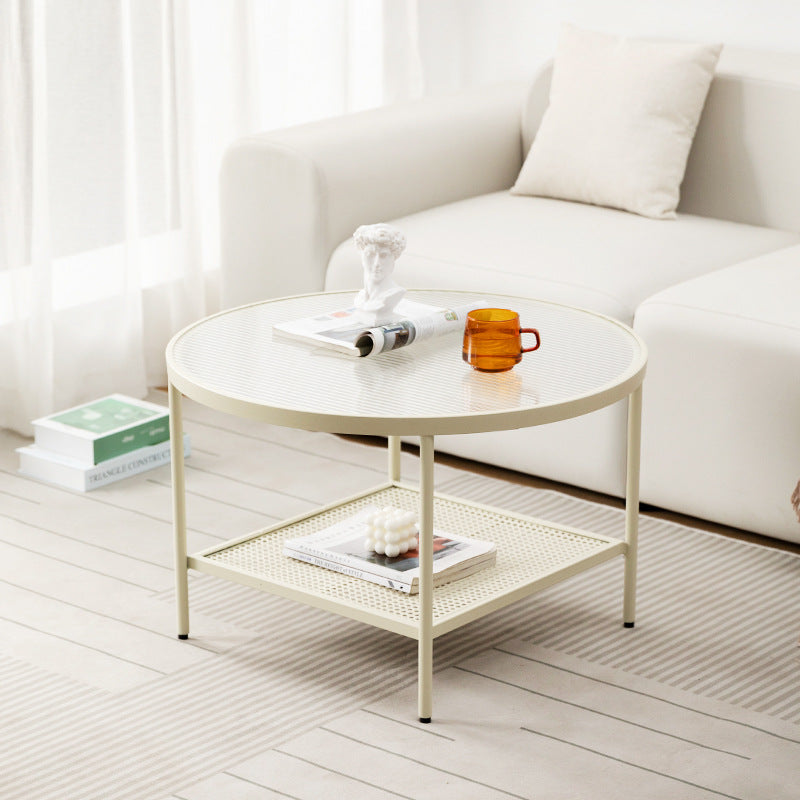 Modern 17.7"H Round Glass Cocktail Table Iron 4 Legs Coffee Table with Shelf Clearhalo 'Coffee & Accent Tables' 'Coffee Tables' 'coffee_tables' 'furn' 'furn_coffee_tables' 'Furniture' 'Living Room Furniture' 6315124
