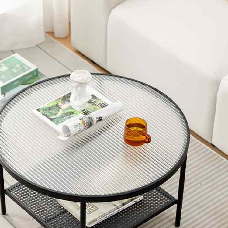 Modern 17.7"H Round Glass Cocktail Table Iron 4 Legs Coffee Table with Shelf Clearhalo 'Coffee & Accent Tables' 'Coffee Tables' 'coffee_tables' 'furn' 'furn_coffee_tables' 'Furniture' 'Living Room Furniture' 6315129
