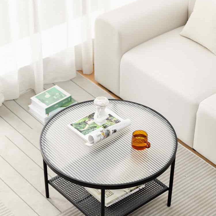 Modern 17.7"H Round Glass Cocktail Table Iron 4 Legs Coffee Table with Shelf Clearhalo 'Coffee & Accent Tables' 'Coffee Tables' 'coffee_tables' 'furn' 'furn_coffee_tables' 'Furniture' 'Living Room Furniture' 6315132
