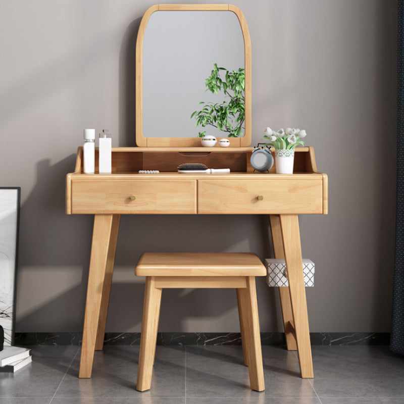 Mirror Makeup Vanity Desk Furniture W/ 2 Drawer Natural Vanity Clearhalo 'Bedroom Furniture' 'furn' 'furn_makeup_vanities' 'Furniture' 'Makeup Vanities' 'makeup_vanities' 6315179