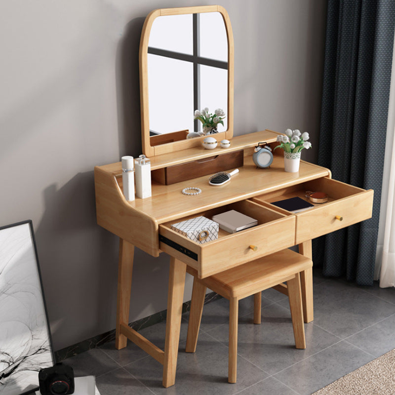 Mirror Makeup Vanity Desk Furniture W/ 2 Drawer Natural Vanity Clearhalo 'Bedroom Furniture' 'furn' 'furn_makeup_vanities' 'Furniture' 'Makeup Vanities' 'makeup_vanities' 6315182