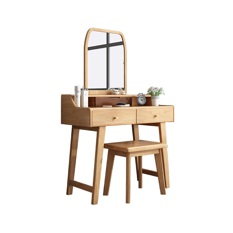 Mirror Makeup Vanity Desk Furniture W/ 2 Drawer Natural Vanity Clearhalo 'Bedroom Furniture' 'furn' 'furn_makeup_vanities' 'Furniture' 'Makeup Vanities' 'makeup_vanities' 6315185